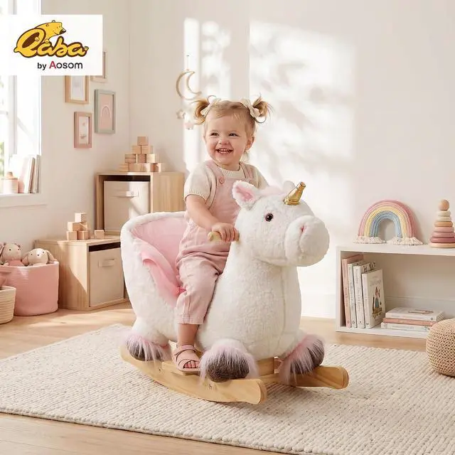 Alt view image 2 of 7 - Qaba Unicorn Baby Rocking Horse with Realistic Sound for 12-36 Months White | Kids Ride on Toy, Plush Animal Rocker, for Toddlers