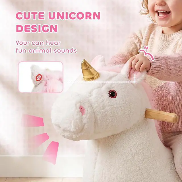 Alt view image 3 of 7 - Qaba Unicorn Baby Rocking Horse with Realistic Sound for 12-36 Months White | Kids Ride on Toy, Plush Animal Rocker, for Toddlers