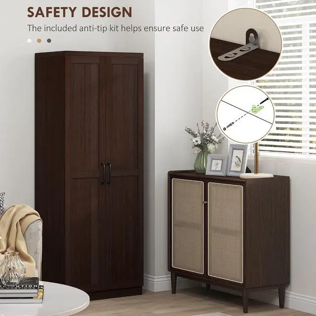 Alt view image 6 of 7 - 63" 2-Door Kitchen Pantry 5-Tier Cinnamon Cherry Wood Grain | Freestanding Storage Cabinet, Shelving, 2 Adjustable Shelves, for Dining Room