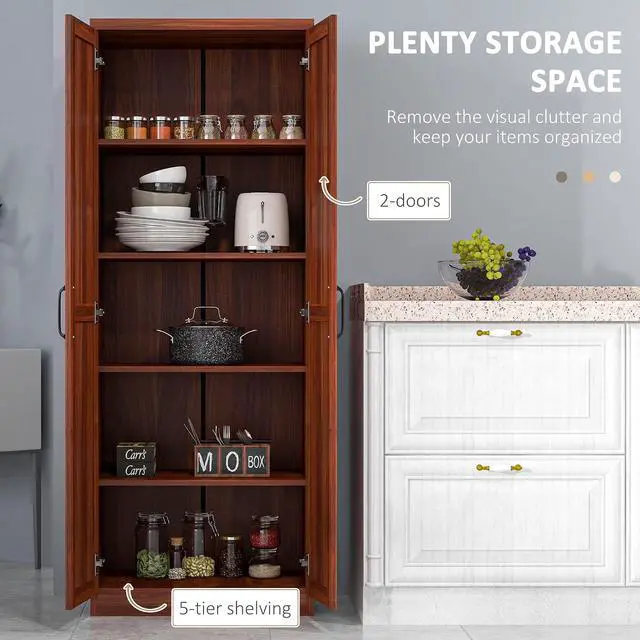 Alt view image 4 of 7 - 63" 2-Door Kitchen Pantry 5-Tier Tan | Freestanding Storage Cabinet, Shelving, 2 Adjustable Shelves, for Dining Room