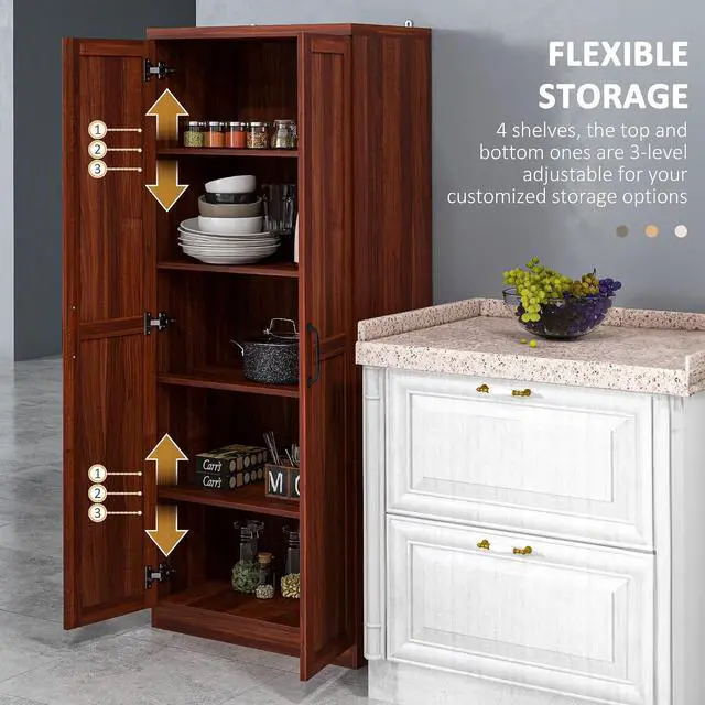 Alt view image 5 of 7 - 63" 2-Door Kitchen Pantry 5-Tier Tan | Freestanding Storage Cabinet, Shelving, 2 Adjustable Shelves, for Dining Room