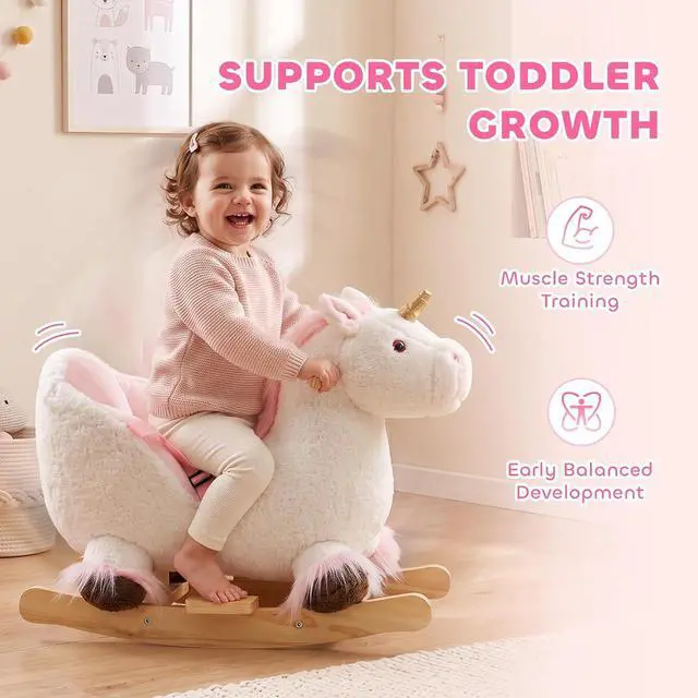 Alt view image 6 of 7 - Qaba Unicorn Baby Rocking Horse with Realistic Sound for 12-36 Months White | Kids Ride on Toy, Plush Animal Rocker, for Toddlers