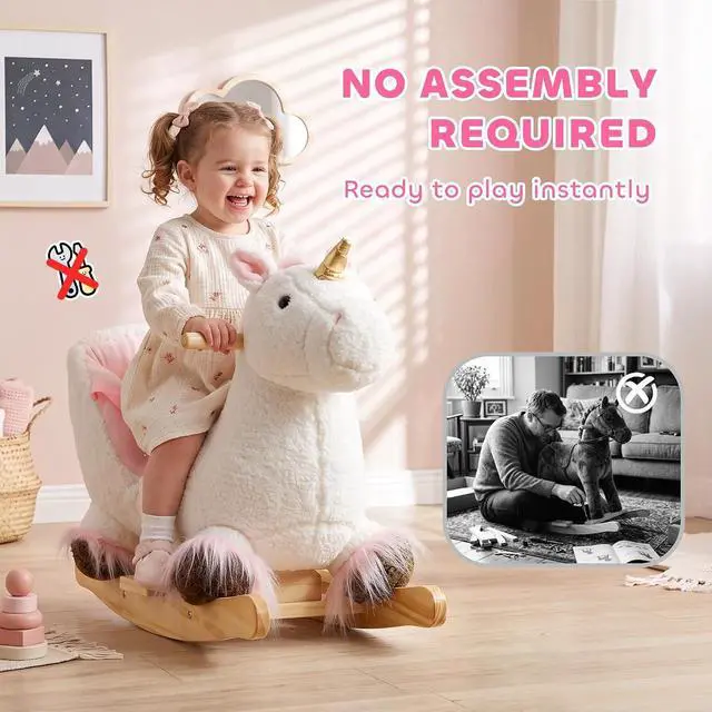 Alt view image 7 of 7 - Qaba Unicorn Baby Rocking Horse with Realistic Sound for 12-36 Months White | Kids Ride on Toy, Plush Animal Rocker, for Toddlers