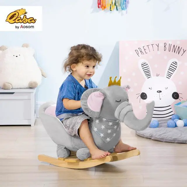 Alt view image 2 of 7 - Qaba Baby Rocking Horse Toddler Chair with Sound 1.5-3Y Wooden Base Gray | Elephant Rocking Chair, Toddler Rocker Toy, Seatbelt