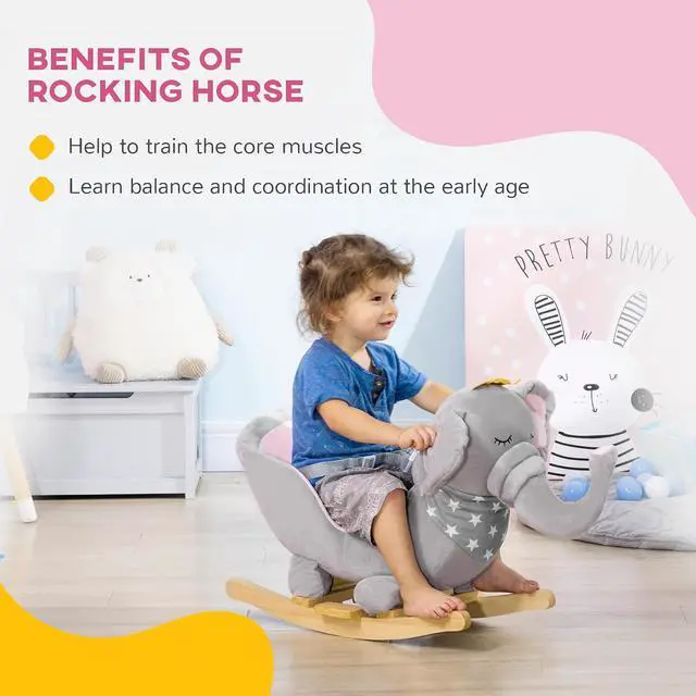 Alt view image 5 of 7 - Qaba Baby Rocking Horse Toddler Chair with Sound 1.5-3Y Wooden Base Gray | Elephant Rocking Chair, Toddler Rocker Toy, Seatbelt