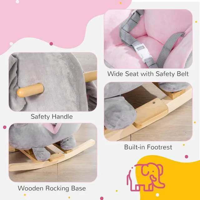 Alt view image 6 of 7 - Qaba Baby Rocking Horse Toddler Chair with Sound 1.5-3Y Wooden Base Gray | Elephant Rocking Chair, Toddler Rocker Toy, Seatbelt