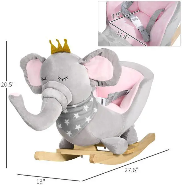 Alt view image 7 of 7 - Qaba Baby Rocking Horse Toddler Chair with Sound 1.5-3Y Wooden Base Gray | Elephant Rocking Chair, Toddler Rocker Toy, Seatbelt