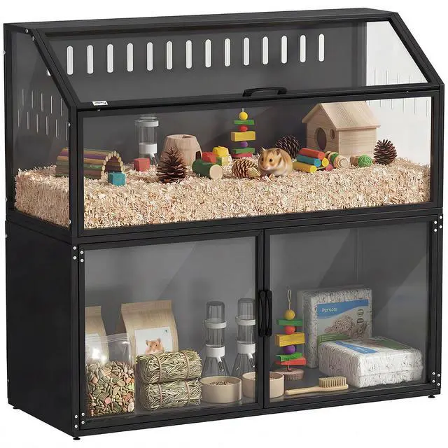 Main image of PawHut Hamster Cage with Storage Cabinet for Rat 41" x 16" x 40" H Black | Small Animal Cage, Easy-View Acrylic Panels, Openable Top, Large Guinea Pig Habitat, for Hedgehog, Gerbil