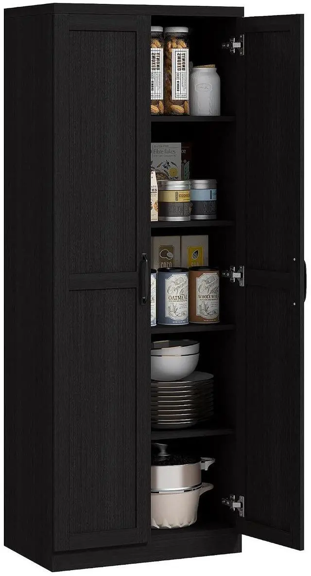 Main image of 63" 2-Door Kitchen Pantry 5-Tier Black Wood Grain | Freestanding Storage Cabinet, Shelving, 2 Adjustable Shelves, for Dining Room