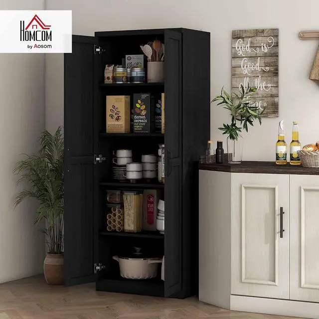 Alt view image 2 of 7 - 63" 2-Door Kitchen Pantry 5-Tier Black Wood Grain | Freestanding Storage Cabinet, Shelving, 2 Adjustable Shelves, for Dining Room