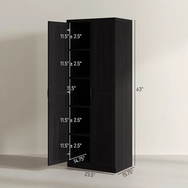 Alt view image 3 of 7 - 63" 2-Door Kitchen Pantry 5-Tier Black Wood Grain | Freestanding Storage Cabinet, Shelving, 2 Adjustable Shelves, for Dining Room