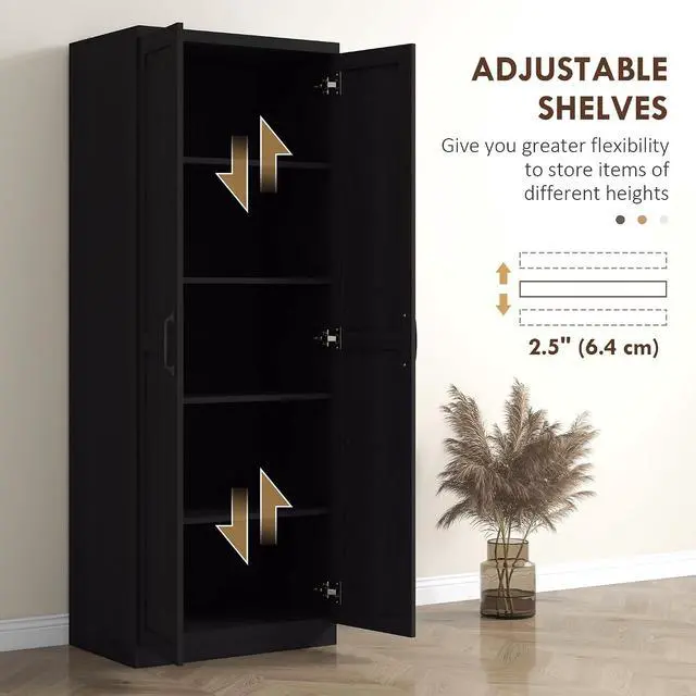 Alt view image 5 of 7 - 63" 2-Door Kitchen Pantry 5-Tier Black Wood Grain | Freestanding Storage Cabinet, Shelving, 2 Adjustable Shelves, for Dining Room
