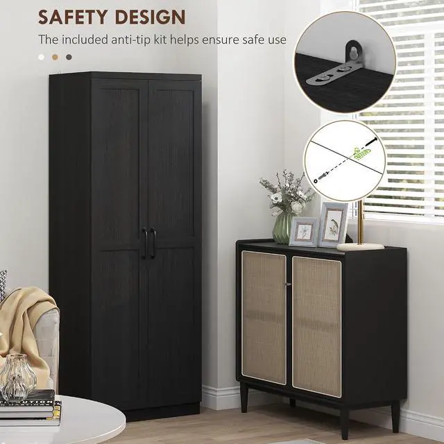 Alt view image 6 of 7 - 63" 2-Door Kitchen Pantry 5-Tier Black Wood Grain | Freestanding Storage Cabinet, Shelving, 2 Adjustable Shelves, for Dining Room