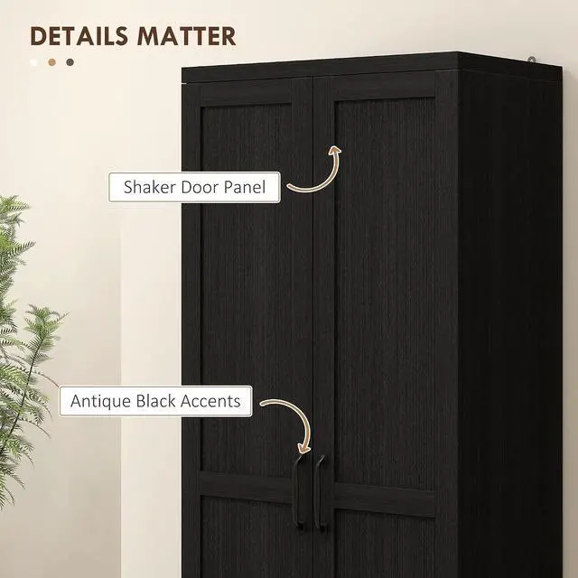 Alt view image 7 of 7 - 63" 2-Door Kitchen Pantry 5-Tier Black Wood Grain | Freestanding Storage Cabinet, Shelving, 2 Adjustable Shelves, for Dining Room