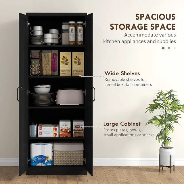 Alt view image 4 of 7 - 63" 2-Door Kitchen Pantry 5-Tier Black Wood Grain | Freestanding Storage Cabinet, Shelving, 2 Adjustable Shelves, for Dining Room