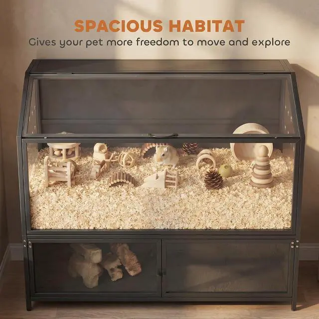 Alt view image 3 of 7 - PawHut Hamster Cage with Storage Cabinet for Rat 41" x 16" x 40" H Black | Small Animal Cage, Easy-View Acrylic Panels, Openable Top, Large Guinea Pig Habitat, for Hedgehog, Gerbil