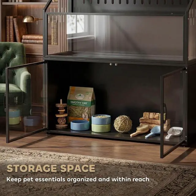 Alt view image 4 of 7 - PawHut Hamster Cage with Storage Cabinet for Rat 41" x 16" x 40" H Black | Small Animal Cage, Easy-View Acrylic Panels, Openable Top, Large Guinea Pig Habitat, for Hedgehog, Gerbil
