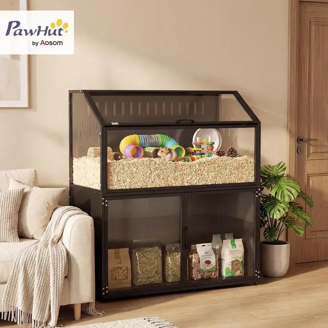 Alt view image 2 of 7 - PawHut Hamster Cage with Storage Cabinet for Rat 41" x 16" x 40" H Black | Small Animal Cage, Easy-View Acrylic Panels, Openable Top, Large Guinea Pig Habitat, for Hedgehog, Gerbil