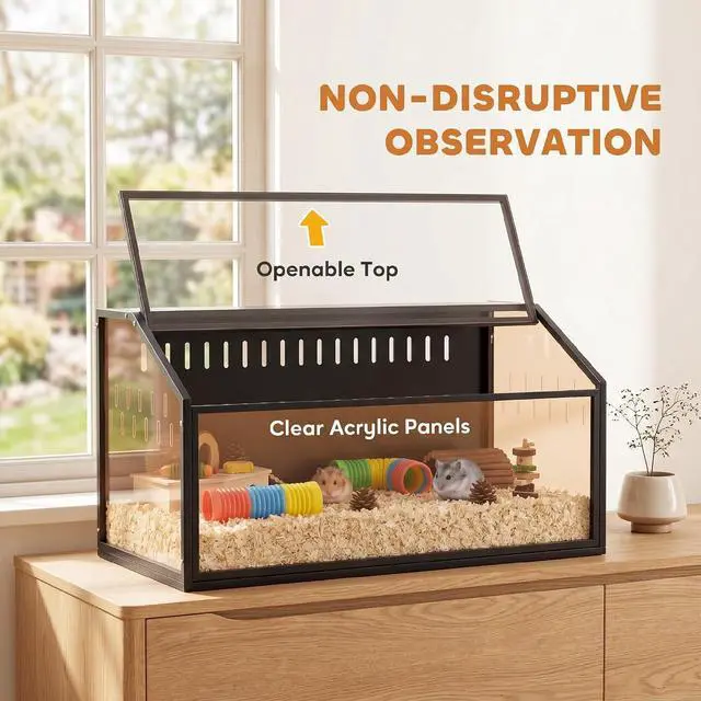 Alt view image 5 of 7 - PawHut Hamster Cage with Storage Cabinet for Rat 41" x 16" x 40" H Black | Small Animal Cage, Easy-View Acrylic Panels, Openable Top, Large Guinea Pig Habitat, for Hedgehog, Gerbil