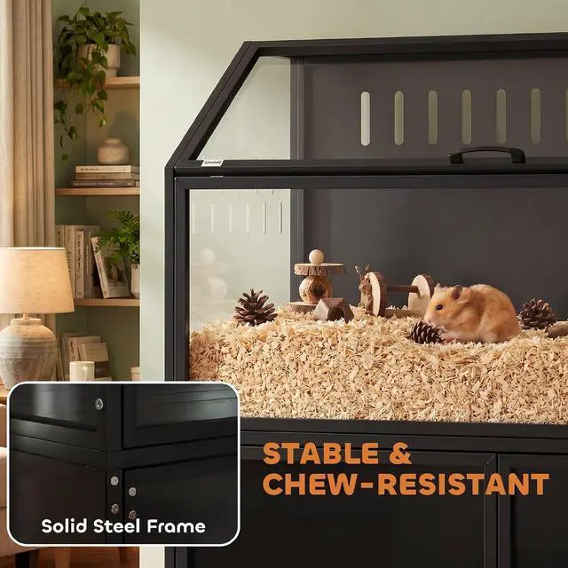 Alt view image 6 of 7 - PawHut Hamster Cage with Storage Cabinet for Rat 41" x 16" x 40" H Black | Small Animal Cage, Easy-View Acrylic Panels, Openable Top, Large Guinea Pig Habitat, for Hedgehog, Gerbil