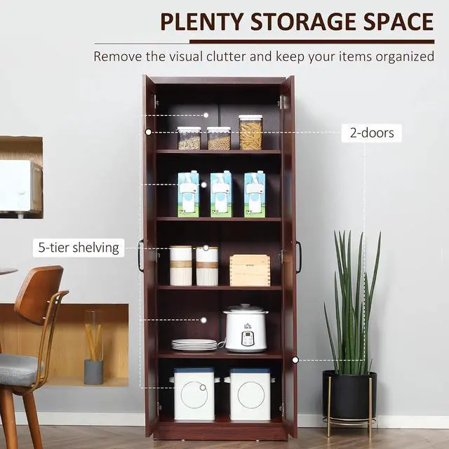 Alt view image 4 of 7 - 63" 2-Door Kitchen Pantry 5-Tier Espresso | Freestanding Storage Cabinet, Shelving, 2 Adjustable Shelves, for Dining Room