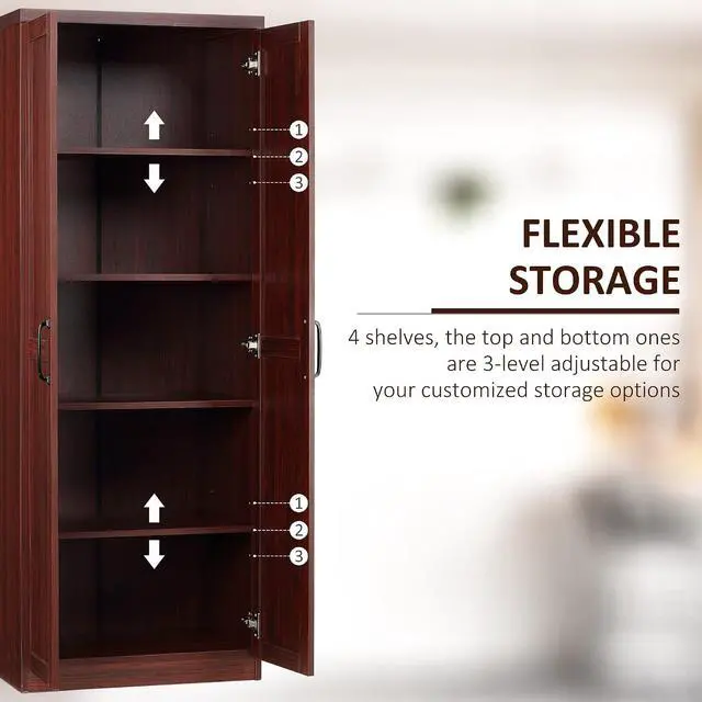 Alt view image 5 of 7 - 63" 2-Door Kitchen Pantry 5-Tier Espresso | Freestanding Storage Cabinet, Shelving, 2 Adjustable Shelves, for Dining Room