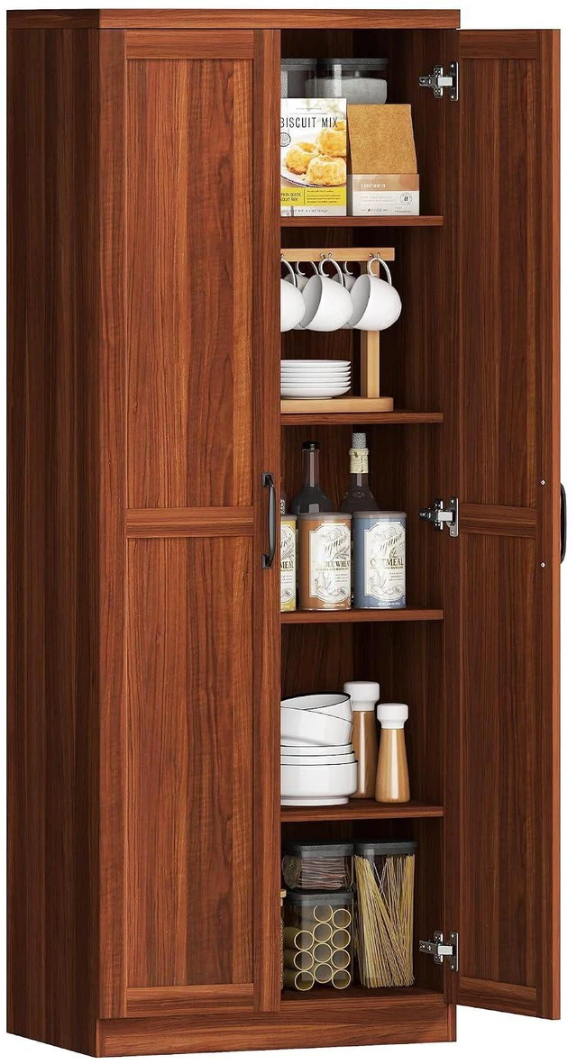 Main image of 63" 2-Door Kitchen Pantry 5-Tier Brown | Freestanding Storage Cabinet, Shelving, 2 Adjustable Shelves, for Dining Room