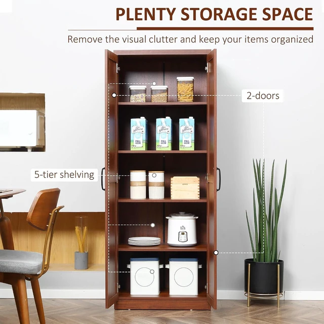 Alt view image 4 of 7 - 63" 2-Door Kitchen Pantry 5-Tier Brown | Freestanding Storage Cabinet, Shelving, 2 Adjustable Shelves, for Dining Room