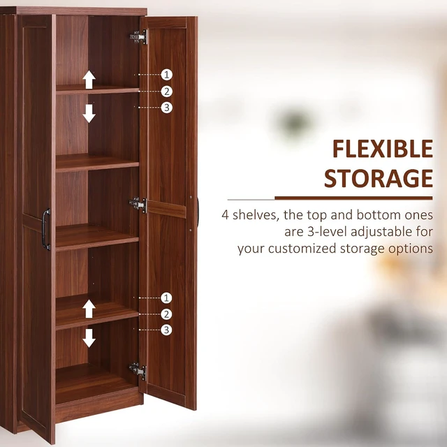Alt view image 5 of 7 - 63" 2-Door Kitchen Pantry 5-Tier Brown | Freestanding Storage Cabinet, Shelving, 2 Adjustable Shelves, for Dining Room