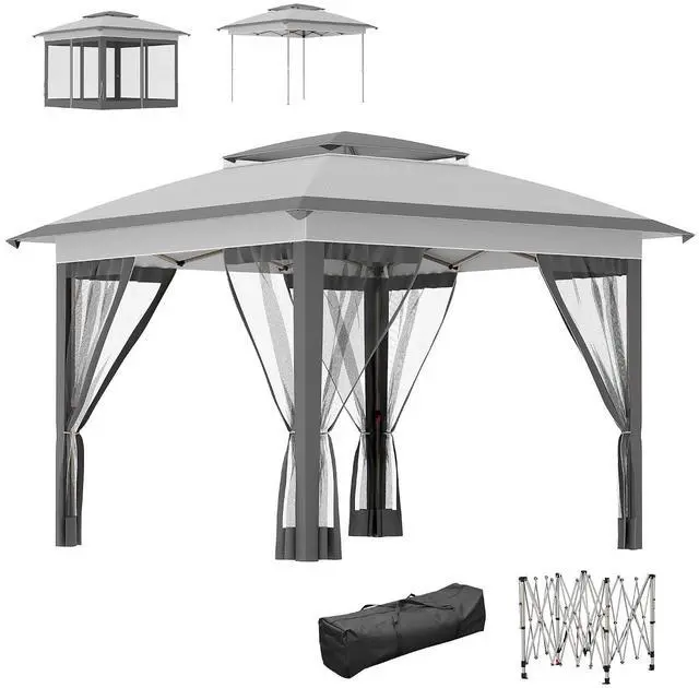 Main image of 12' x 12' Pop Up Canopy Tent w/Netting and Carry Bag, Gray | Instant Sun Shelter, 137 sq.ft Shade, Tents for Parties, Height Adjustable, for Outdoor, Garden, Patio
