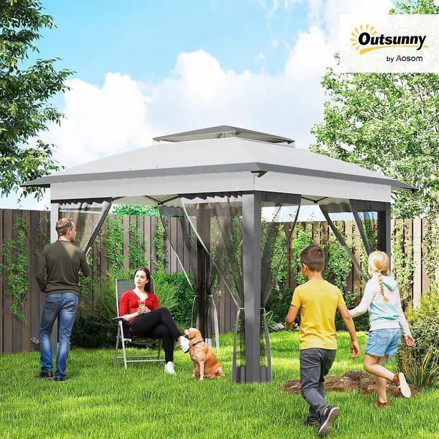 Alt view image 2 of 7 - 12' x 12' Pop Up Canopy Tent w/Netting and Carry Bag, Gray | Instant Sun Shelter, 137 sq.ft Shade, Tents for Parties, Height Adjustable, for Outdoor, Garden, Patio