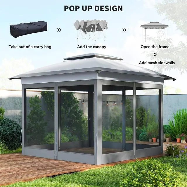 Alt view image 3 of 7 - 12' x 12' Pop Up Canopy Tent w/Netting and Carry Bag, Gray | Instant Sun Shelter, 137 sq.ft Shade, Tents for Parties, Height Adjustable, for Outdoor, Garden, Patio