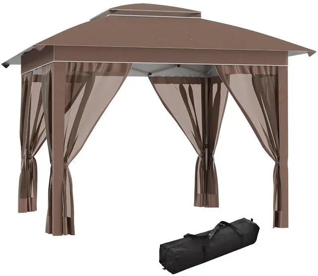 Main image of 12' x 12' Pop Up Canopy Tent w/Netting and Carry Bag, Khaki | Instant Sun Shelter, 137 sq.ft Shade, Tents for Parties, Height Adjustable, for Outdoor, Garden, Patio
