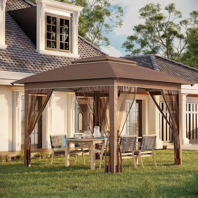 Alt view image 2 of 7 - 12' x 12' Pop Up Canopy Tent w/Netting and Carry Bag, Khaki | Instant Sun Shelter, 137 sq.ft Shade, Tents for Parties, Height Adjustable, for Outdoor, Garden, Patio