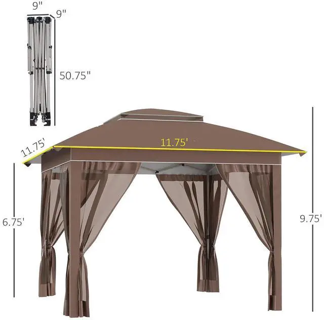 Alt view image 7 of 7 - 12' x 12' Pop Up Canopy Tent w/Netting and Carry Bag, Khaki | Instant Sun Shelter, 137 sq.ft Shade, Tents for Parties, Height Adjustable, for Outdoor, Garden, Patio