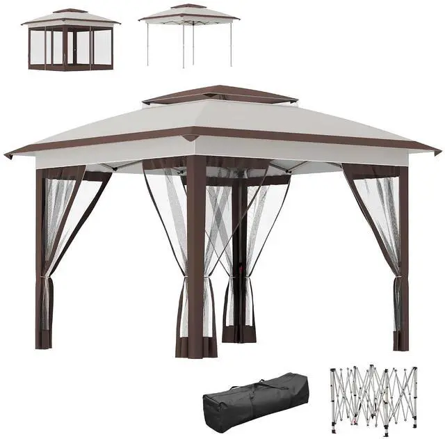 Main image of 12' x 12' Pop Up Canopy Tent w/Netting and Carry Bag, Beige/Brown | Instant Sun Shelter, 137 sq.ft Shade, Tents for Parties, Height Adjustable, for Outdoor, Garden, Patio