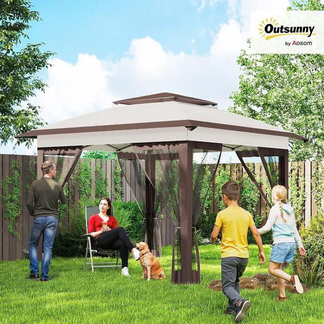 Alt view image 2 of 7 - 12' x 12' Pop Up Canopy Tent w/Netting and Carry Bag, Beige/Brown | Instant Sun Shelter, 137 sq.ft Shade, Tents for Parties, Height Adjustable, for Outdoor, Garden, Patio