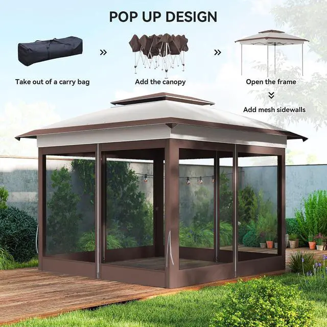 Alt view image 3 of 7 - 12' x 12' Pop Up Canopy Tent w/Netting and Carry Bag, Beige/Brown | Instant Sun Shelter, 137 sq.ft Shade, Tents for Parties, Height Adjustable, for Outdoor, Garden, Patio
