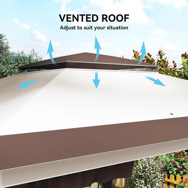 Alt view image 5 of 7 - 12' x 12' Pop Up Canopy Tent w/Netting and Carry Bag, Beige/Brown | Instant Sun Shelter, 137 sq.ft Shade, Tents for Parties, Height Adjustable, for Outdoor, Garden, Patio