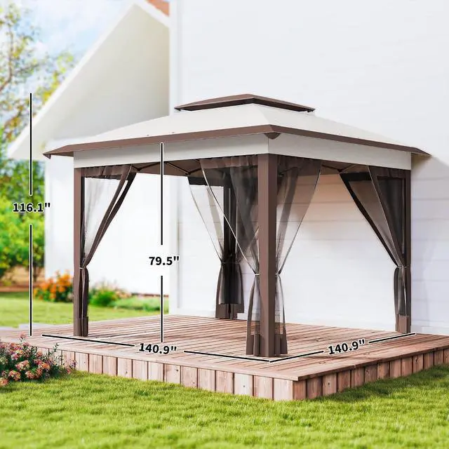 Alt view image 7 of 7 - 12' x 12' Pop Up Canopy Tent w/Netting and Carry Bag, Beige/Brown | Instant Sun Shelter, 137 sq.ft Shade, Tents for Parties, Height Adjustable, for Outdoor, Garden, Patio