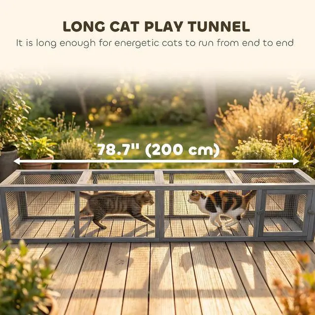 Alt view image 6 of 7 - PawHut Outdoor Cat Tunnel with Extendable Design, 79" L, Dark Gray | Wooden Cat Run with Weather Protection, Connecting Inside and Outside, for Deck Patios, Balconies