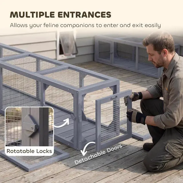 Alt view image 5 of 7 - PawHut Outdoor Cat Tunnel with Extendable Design, 79" L, Dark Gray | Wooden Cat Run with Weather Protection, Connecting Inside and Outside, for Deck Patios, Balconies