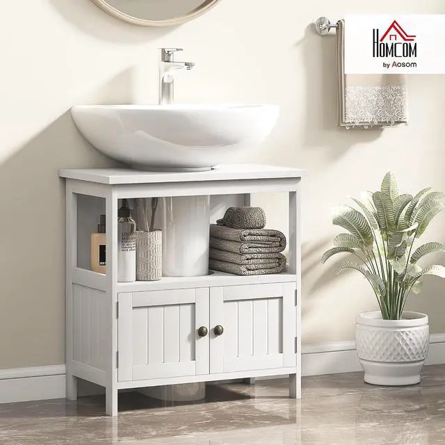 Alt view image 2 of 7 - kleankin Pedestal Sink Storage Cabinet, Bathroom Under Sink Cabinet with 2 Doors and Open Shelf, Bathroom Vanity, White