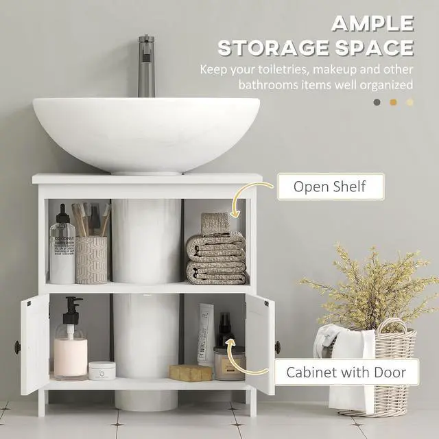 Alt view image 5 of 7 - kleankin Pedestal Sink Storage Cabinet, Bathroom Under Sink Cabinet with 2 Doors and Open Shelf, Bathroom Vanity, White
