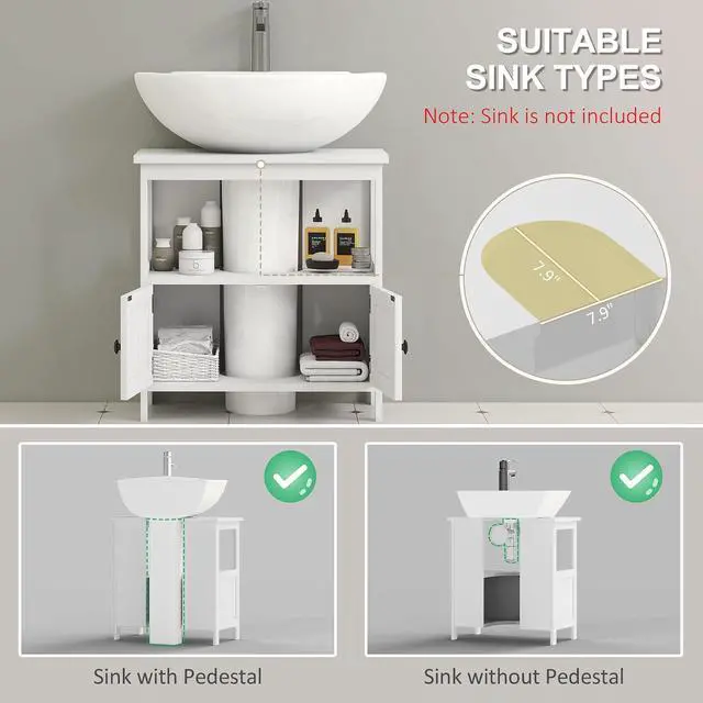 Alt view image 4 of 7 - kleankin Pedestal Sink Storage Cabinet, Bathroom Under Sink Cabinet with 2 Doors and Open Shelf, Bathroom Vanity, White