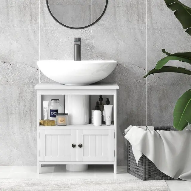 Alt view image 7 of 7 - kleankin Pedestal Sink Storage Cabinet, Bathroom Under Sink Cabinet with 2 Doors and Open Shelf, Bathroom Vanity, White