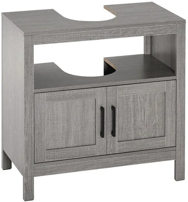 Main image of kleankin Pedestal Sink Storage Cabinet with 2 Doors and Open Shelf, Gray | Bathroom Under Sink Cabinet, Bathroom Vanity