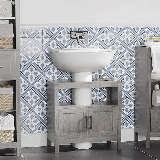 Alt view image 2 of 7 - kleankin Pedestal Sink Storage Cabinet with 2 Doors and Open Shelf, Gray | Bathroom Under Sink Cabinet, Bathroom Vanity