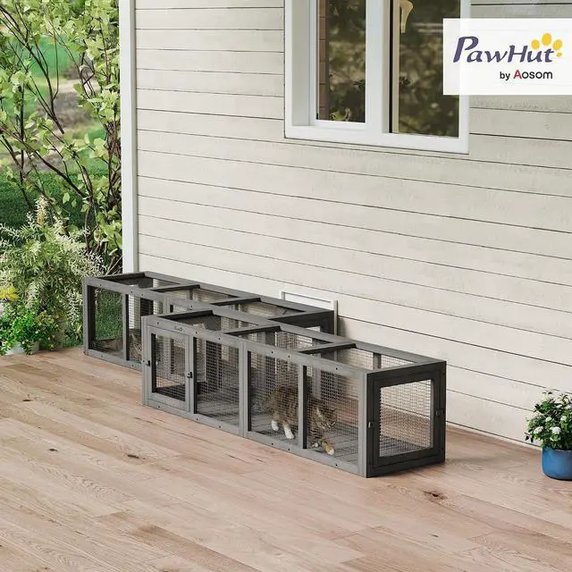 Alt view image 2 of 7 - PawHut Outdoor Cat Tunnel w/Extendable Design 59" L Wooden Cat Run Gray | Weather Protection, Connecting Inside and Outside, for Deck Patios, Balconies