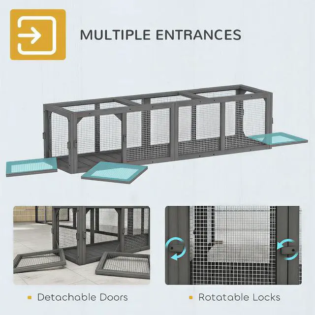 Alt view image 5 of 7 - PawHut Outdoor Cat Tunnel w/Extendable Design 59" L Wooden Cat Run Gray | Weather Protection, Connecting Inside and Outside, for Deck Patios, Balconies